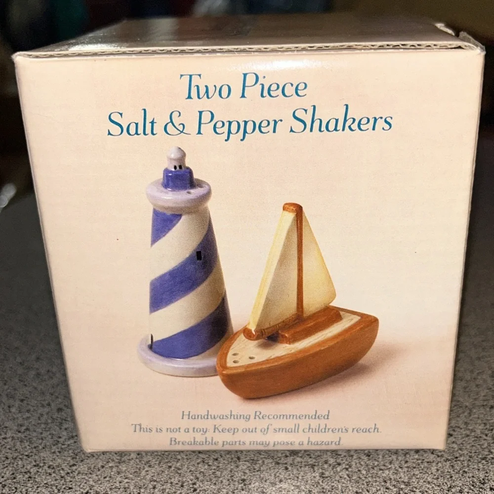 NWT Sakura Ceramic Sailboat and Lighthouse Salt and Pepper Shakers nautical